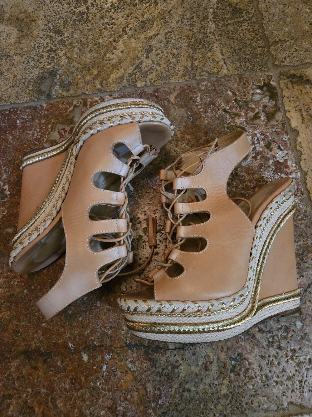 CL Tan Lace-Up Wedge Sandals